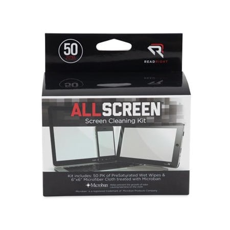 Read/Right Read Right, Allscreen Screen Cleaning Kit, 50 Wipes, 1 Microfiber Cloth RR15039